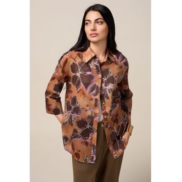 Camasa cu model floral si maneci 3/4 - Maro/Lila