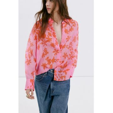 Camasa din amestec de lyocell cu model floral - Roz pastel/Portocaliu pal