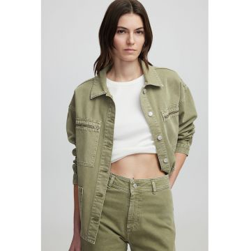 Camasa din denim cu buzunare cu fermoar pe piept - Verde stins